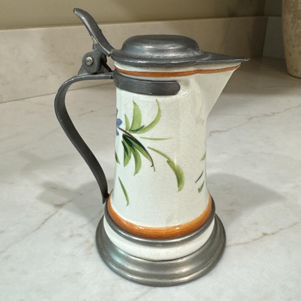 Vintage Italian handcrafted Small Ceramic and pewter Peltro Pitcher Creamer